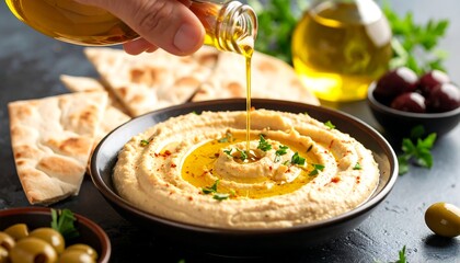 Hummus being drizzled with olive oil