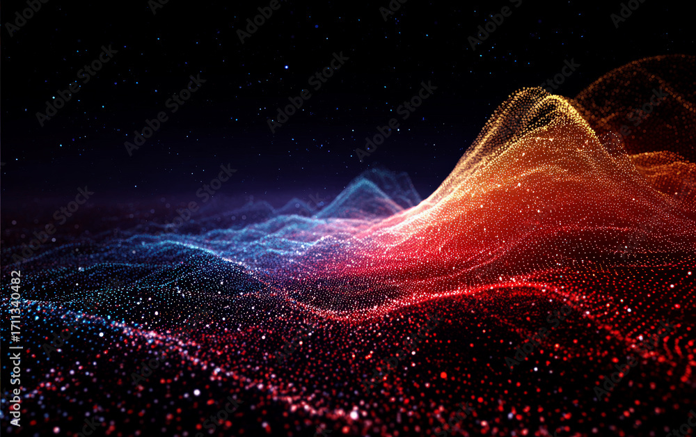 Poster dynamic colorful particles waves in a cosmic background