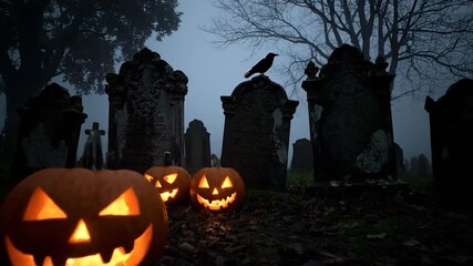 Jackolanterns cemetery night halloween spooky scene - Powered by Adobe