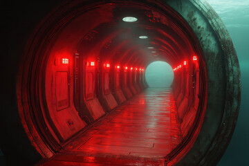 Red lights illuminate tunnel interior.