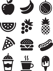 Variety of Food Icons in Black and White Colors