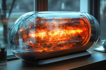 Fire burning in a glass dome.