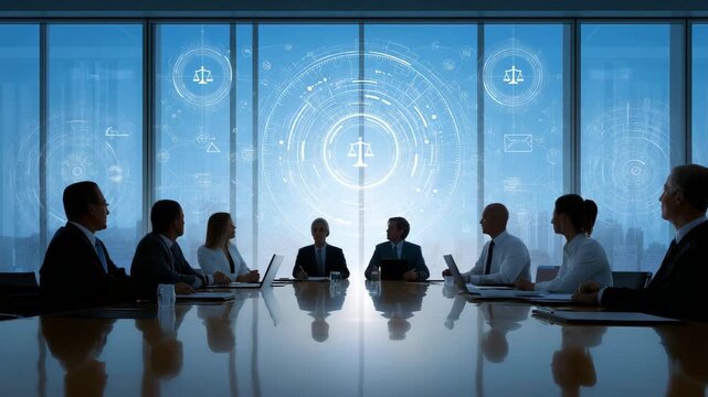 A group of people sitting at a table with a blue background. The table is surrounded by chairs. Corporate boardroom with faceless people discussing floating AI law symbols,policy futuristic clean