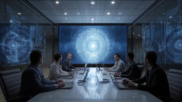 A group of people are sitting at a table in a conference room. There are six people in total. Corporate boardroom with faceless people discussing floating AI law symbols,policy futuristic clean