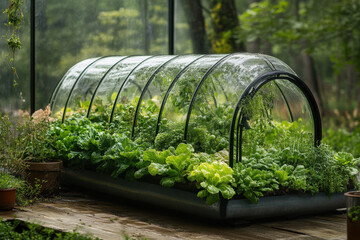 Various vegetables growing inside a greenhouse.