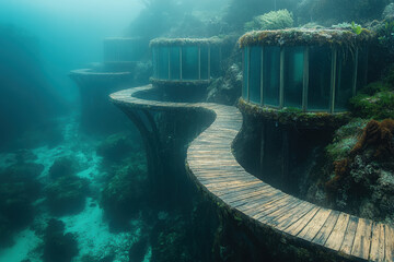 Wooden walkway leads to ocean cave.