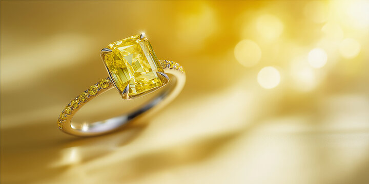 Stunning yellow diamond ring with radiant cut gemstone set on gold band, surrounded by smaller diamonds, against blurred golden background