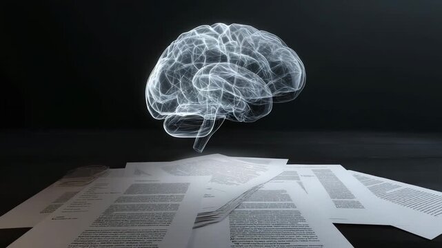 A brain is shown in a cloud of light on top of a stack of papers. The papers are white. Conceptual AI brain floating above open legal document pages, policy dark minimal