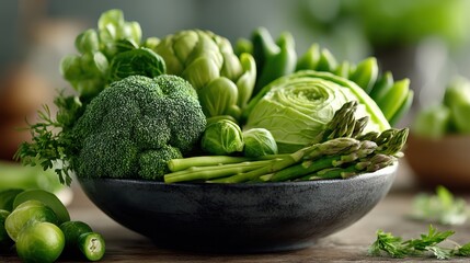 A black bowl filled with fresh green vegetables including broccoli, asparagus, cabbage, Brussels sprouts, and zucchini on a wooden table.