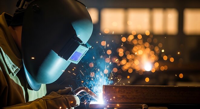 Welding Worker Focuses on Metalwork.