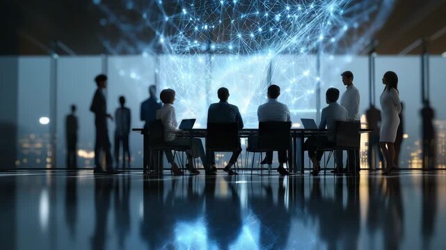 A group of people are sitting at a table in a room. There are at least ten people in the room. Business meeting with faceless diverse executives viewing AI policy regulation hologram, corporate clean