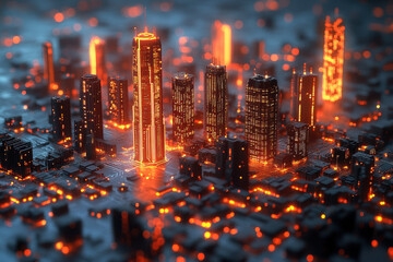 City skyline illuminated with lights amidst modern buildings.