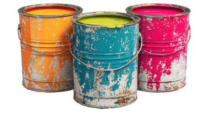 Three weathered paint cans, orange, teal, and pink, with visible rust and paint drips