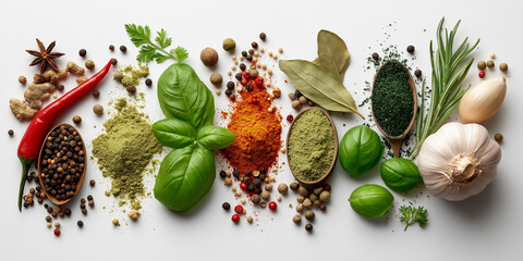 Variety of colorful herbs and spices are artfully arranged white background, including basil leaves, chili peppers, garlic, bay leaves, and assorted ground spices, creating vibrant and aromatic