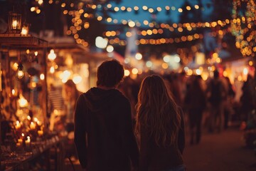 Couple Walking Through a Vibrant Night Market Illuminated by Fairy Lights