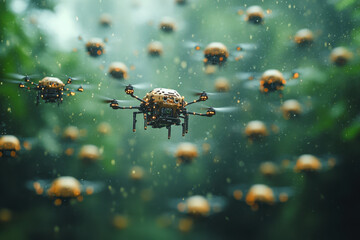 Drone flying over forest with oranges.