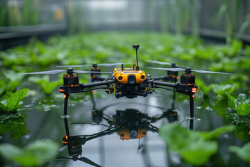 Drone flying over greenhouse with plants.