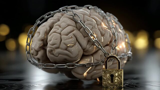 A brain is chained to a lock. The lock is gold and the chain is silver. AI brain wrapped in metallic chains and glowing padlock overlay, policy conceptual dramatic