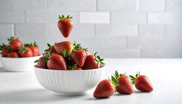 Fresh strawberries in a white bowl on a white surface - Powered by Adobe