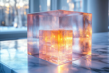 Ice cubes melting on glass block.