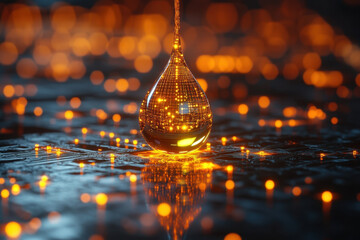 Golden Christmas tree ornament reflecting on a shiny surface.