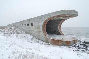 Concrete structure on lake shore.