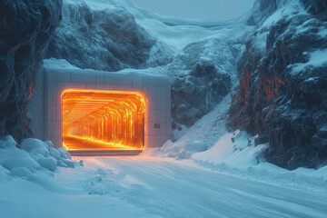 Bright light shining from snow tunnel.