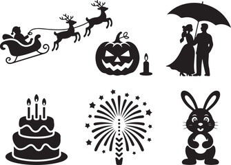Fototapeta premium Black Silhouette Icons for Various Holidays and Celebrations Displayed