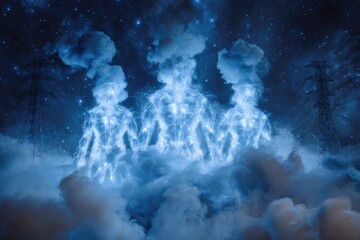 Fototapeta premium Three ethereal figures formed from luminous clouds against a night sky