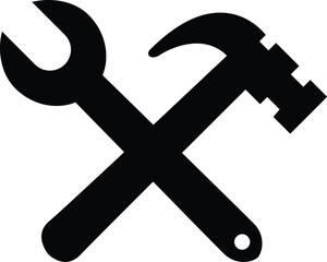 Crossed Wrench and Hammer, Repair Tool Icon, Maintenance Tools Symbol, Black Wrench and Hammer