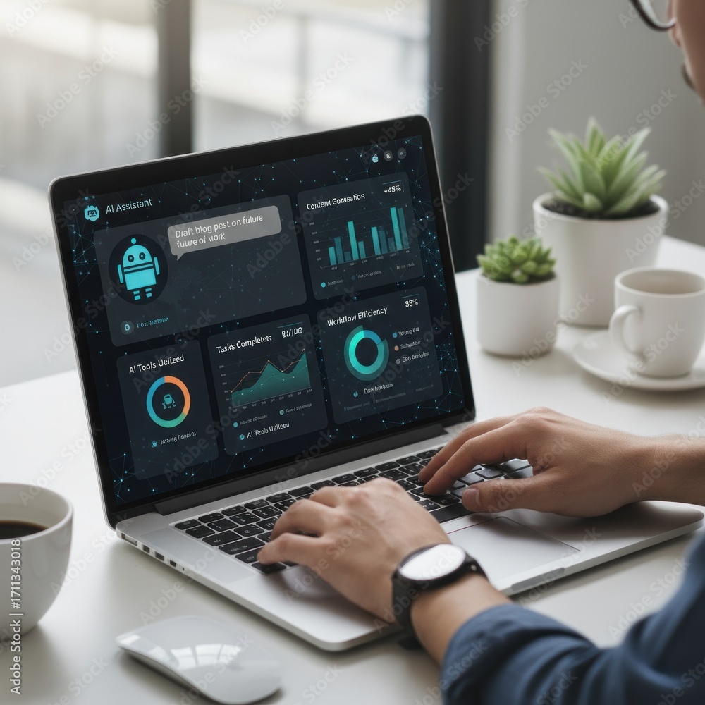Poster analyzing ai performance metrics on a laptop home office digital dashboard modern workspace user per