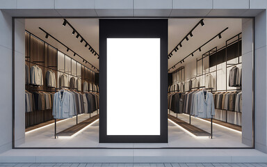 Modern retail storefront with large blank digital display and clothes racks inside illustration