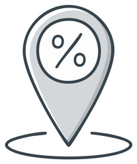 Illustration of a gray location pin with a percentage symbol inside a circle, business and financial theme