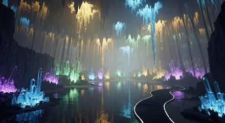 Illuminated Cave with Colorful Crystals, Reflective Water, and Winding Path