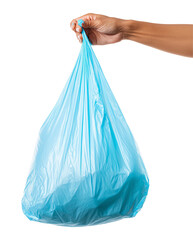 woman hand holding holding blue plastic bag full of garbage 