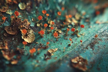 Vibrant Moss and Fungi Growing in Harmony on a Forest Floor, Showcasing Nature's Colorful Microecosystem
