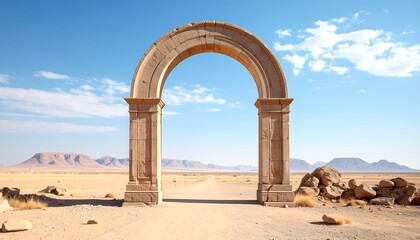 A stone archway frames a desert vista under a vibrant blue sky. The arid landscape stretches to the horizon