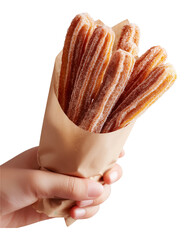 Side Cropped Woman Hand Holding Churros With Sugar on isolated transparent background 