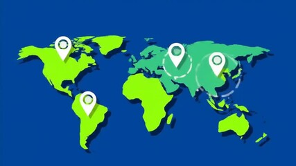 Colorful world map with location markers indicating various global points of interest and connectivity - Powered by Adobe