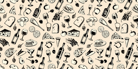 Whimsical hand drawn food and drink pattern featuring wine cheese fruits and desserts