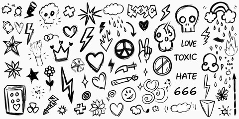 Collection of hand drawn black and white doodle icons featuring skulls hearts stars peace signs and lightning bolts © Ankan