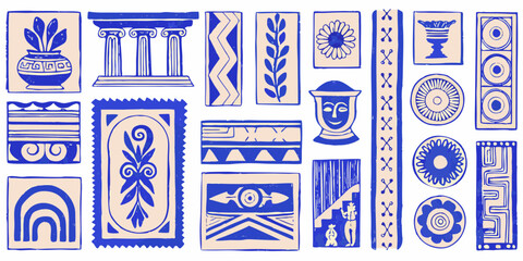 Collection of ancient greek inspired decorative motifs and symbols in blue and beige