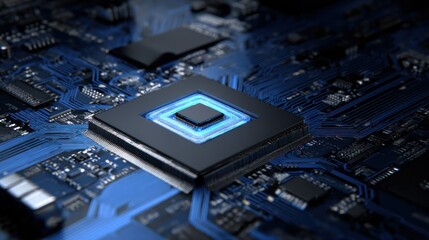Microprocessor on Blue Circuit Board in Technology Concept