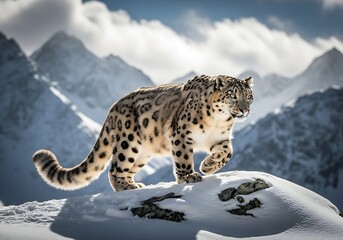 Majestic Snow Leopard on Snowy Mountain Peak.