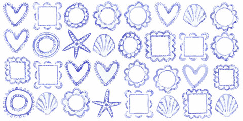 Collection of hand drawn blue watercolor frames and borders with hearts seashells and starfish motifs