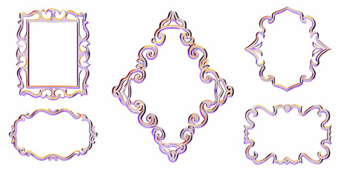 Collection of ornate decorative frames with a vintage baroque style and iridescent purple and gold accents