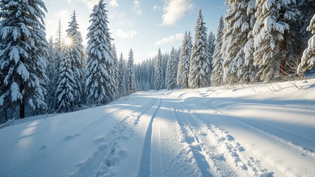 Frozen Forest Ski Path Under Snowy Canopy