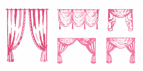 Collection of hand drawn pink draped curtains and valances in various styles