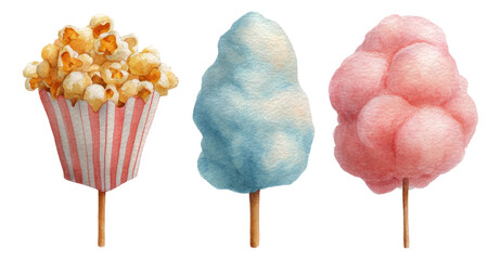Colorful Popcorn and Cotton Candy Illustrations on White Background