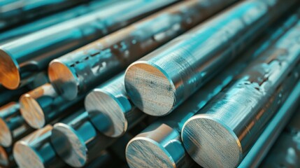 Metallic Steel Rods in Industrial Setting with Reflective Surface and Cool Blue Tones